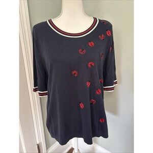 Oprah Magazine Talbots Shirt Blue Red Beaded Ladybug Top Petite XL Embroidered
